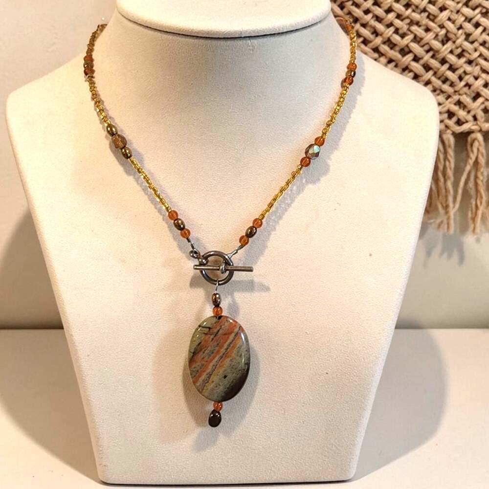 Artisan Picture Jasper Pendant Necklace Honey Glass Beads Boho Earthy Statement